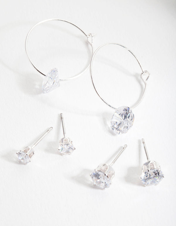 Silver Cubic Zirconia Stud & Hoop Diamante Earring Pack