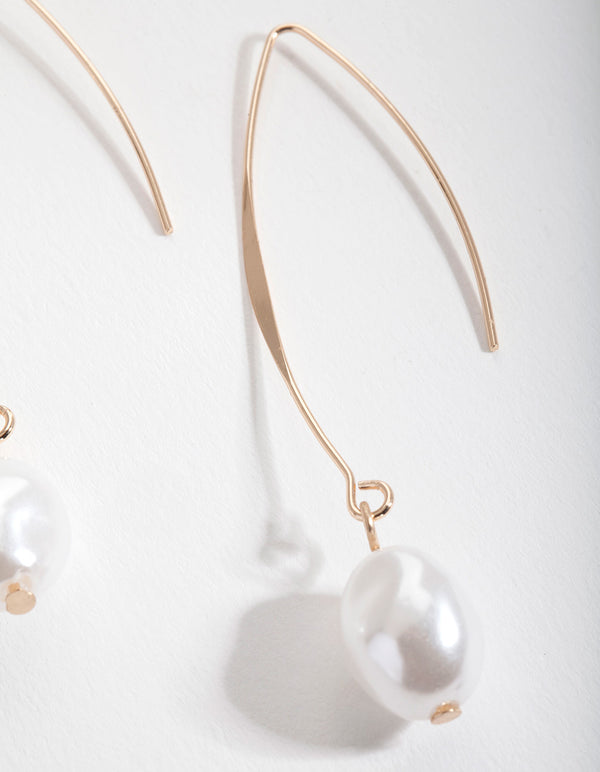 Gold Pearl Curved Thread Through Drop Earrings