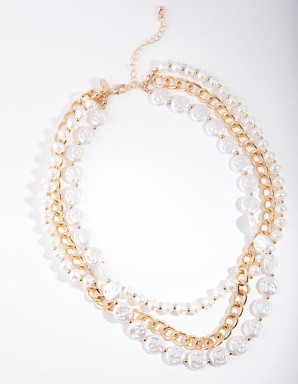 Gold Layered Pearl & Chain Necklace