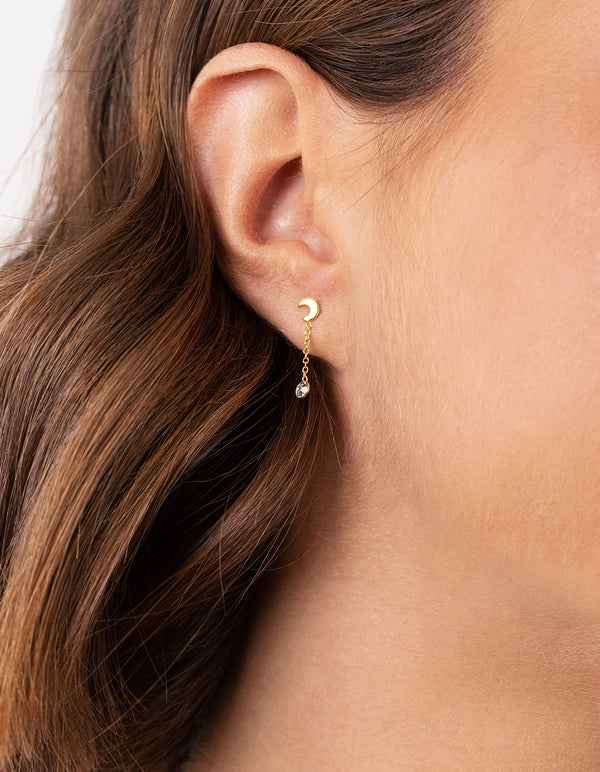 Gold Plated Sterling Silver Moon Diamante Earrings
