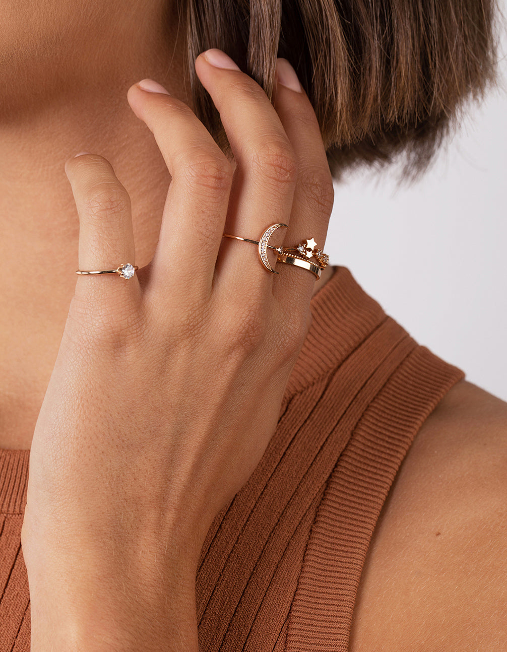 Gold Cubic Zirconia Moon Stars Ring Stack