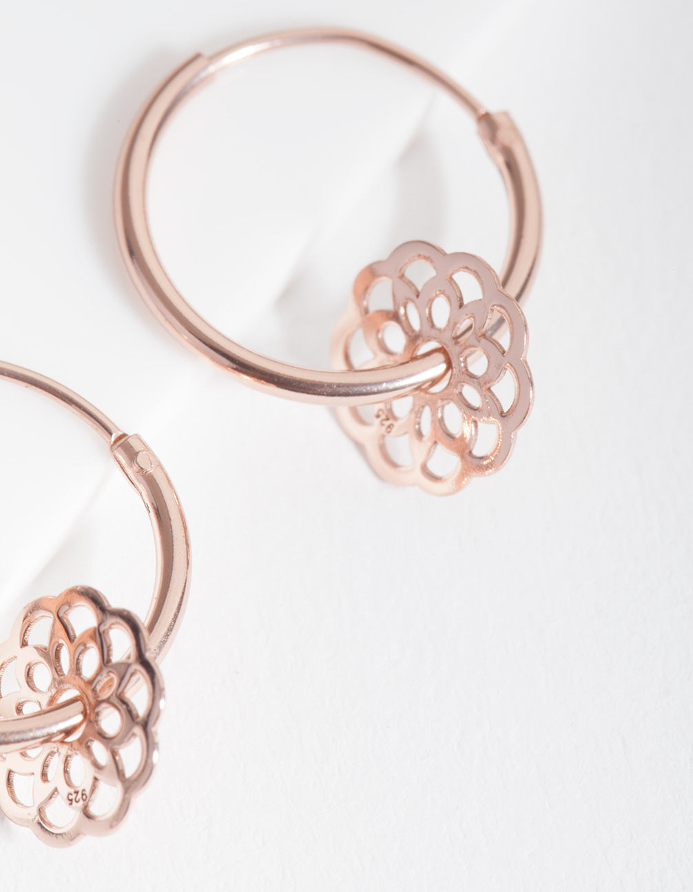 Rose Gold Plated Sterling Silver Filigree Flower Charm Hoop Earrings