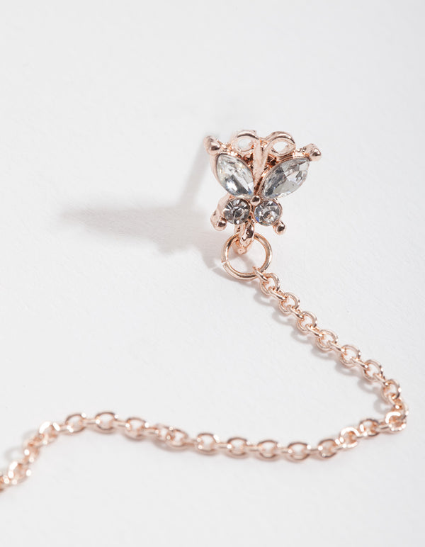 Rose Gold Small Butterfly Chain Huggie Earrings