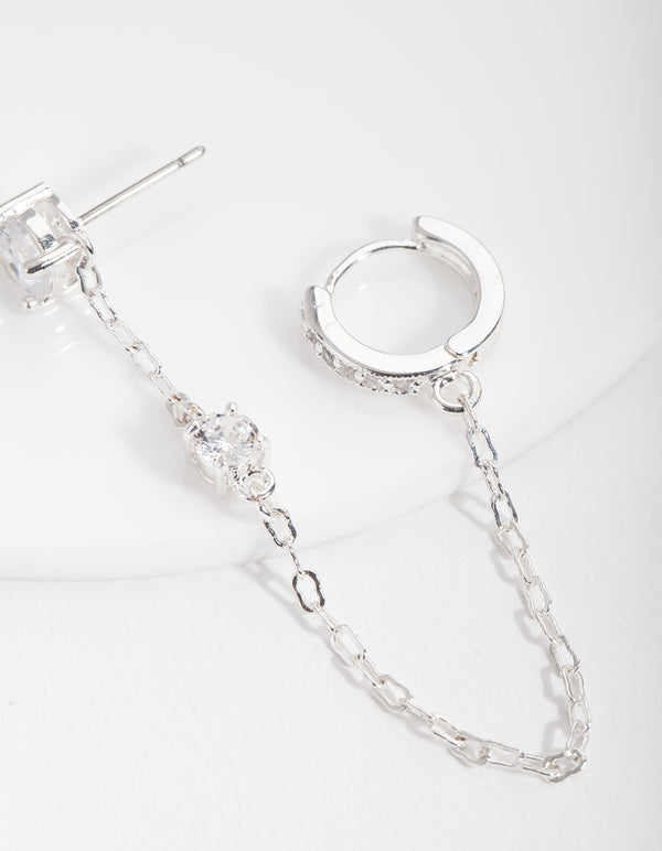 Silver Stud & Chain Diamante Huggie Earrings