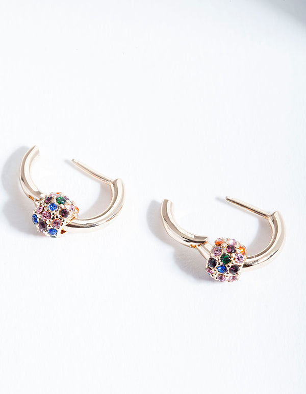 Gold Rainbow Diamante Bead Huggie Earrings