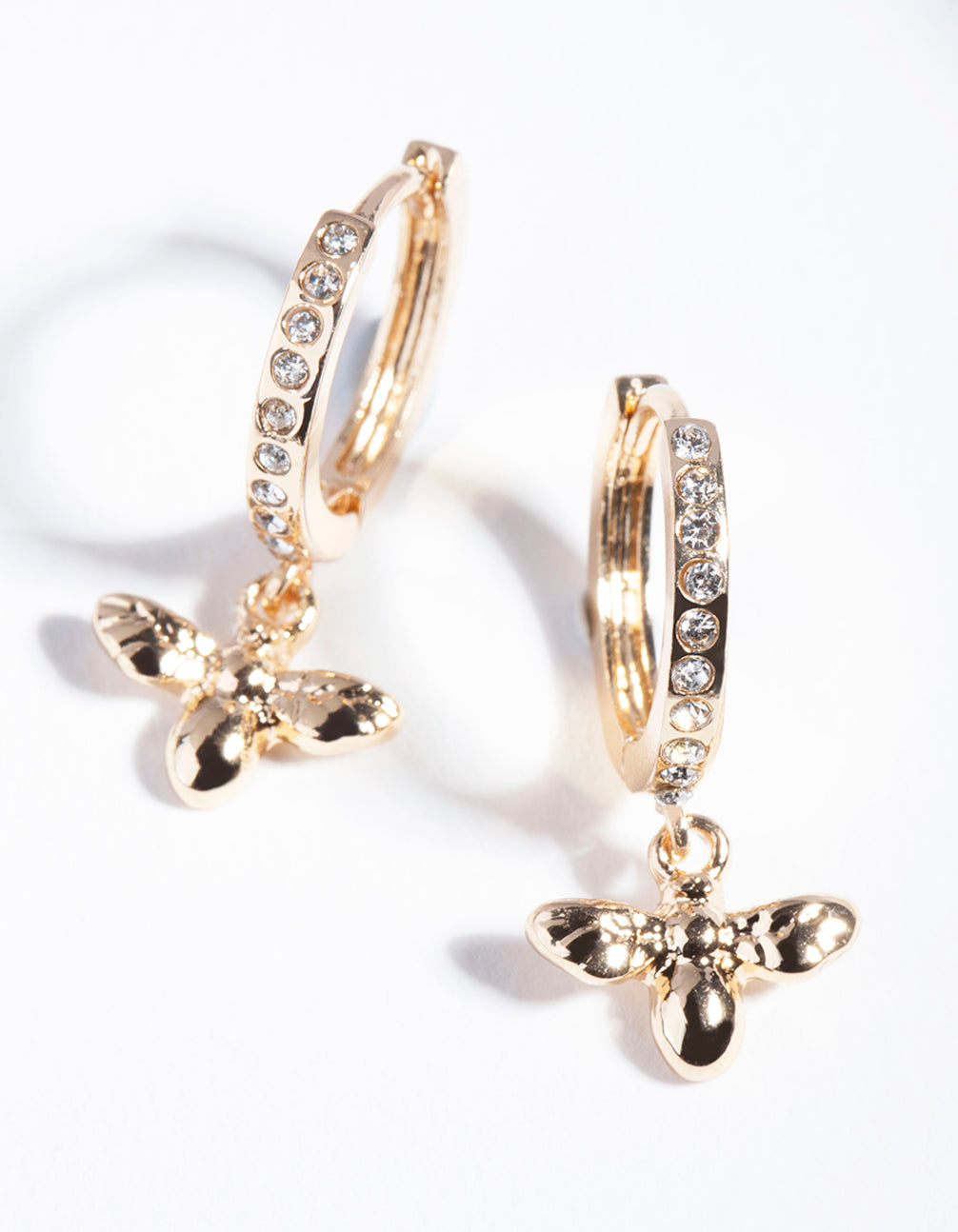 Gold Diamante Bee Charm Huggie Earrings