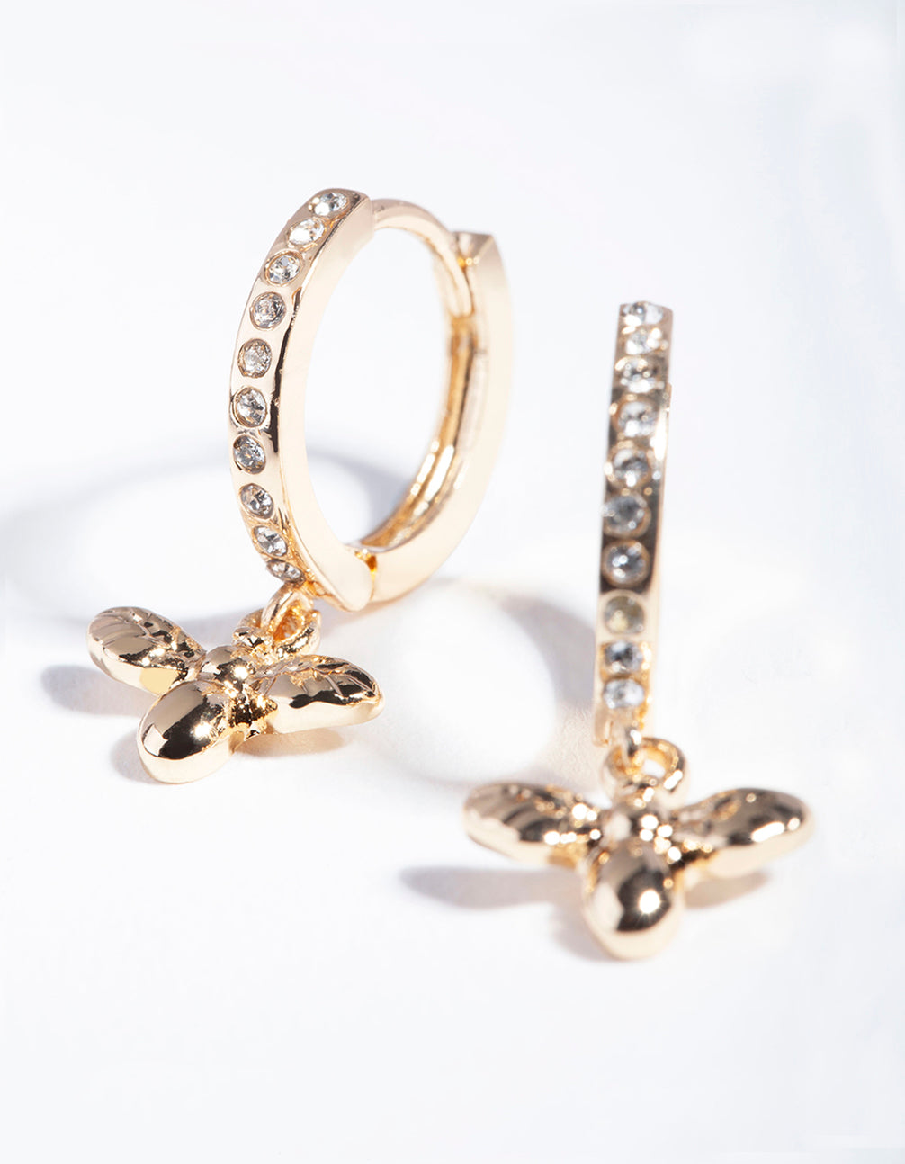 Gold Diamante Bee Charm Huggie Earrings