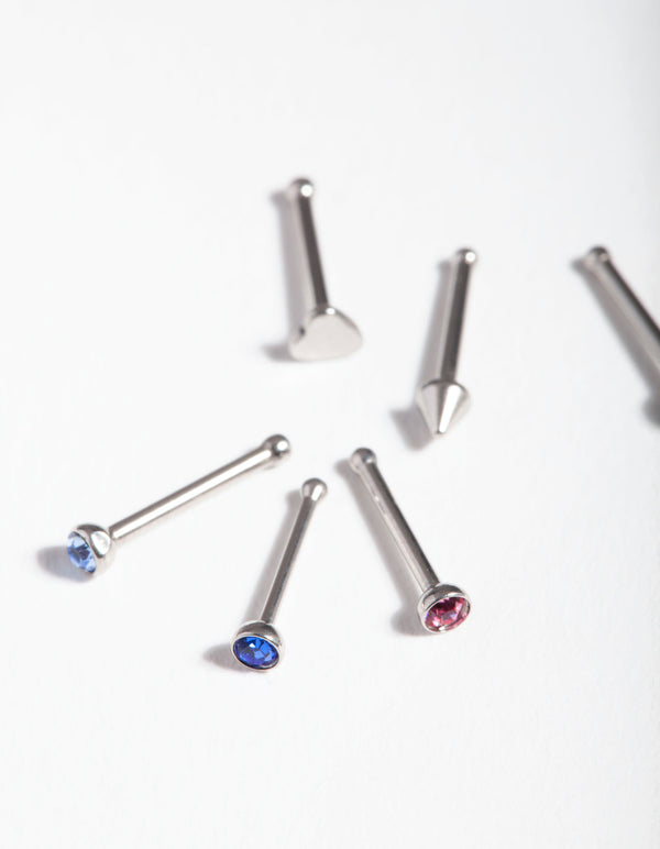 Surgical Steel Colourful Diamante Nose Jewellery 6-Pack