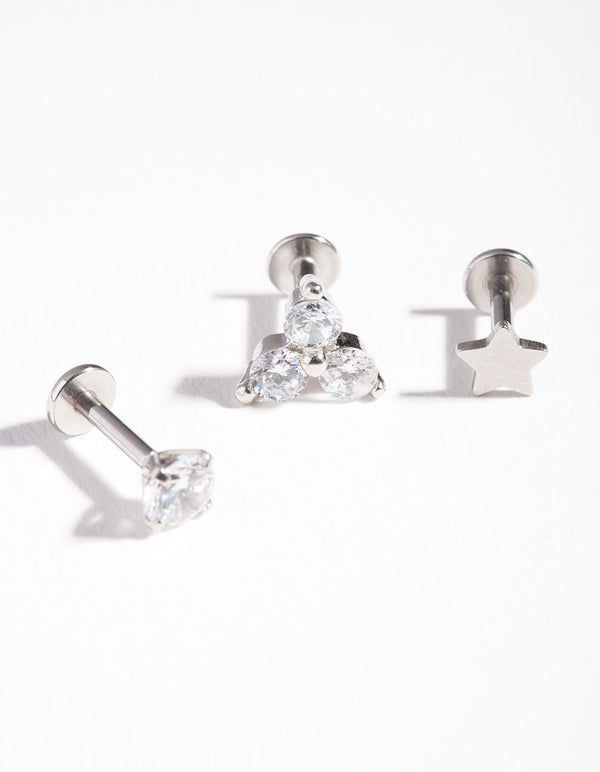 Silver Surgical Steel Star Cubic Zirconia Flat Back Pack