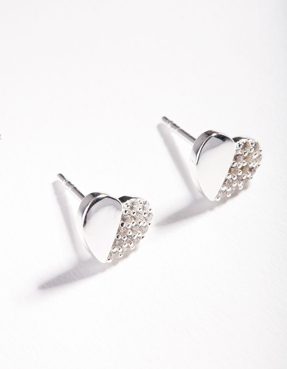 Sterling Silver Half Pave Heart Stud Earrings
