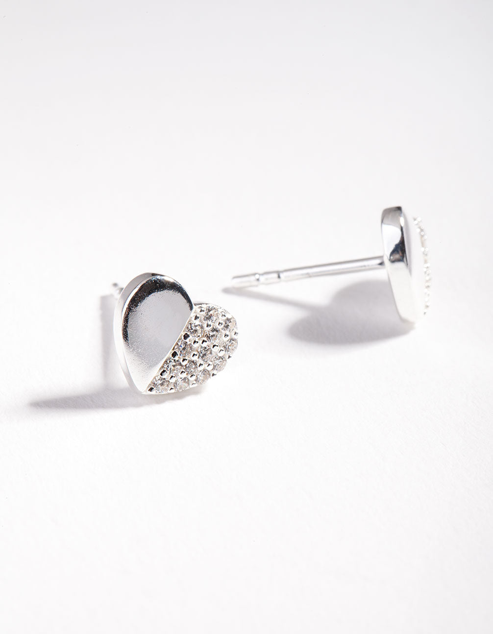 Sterling Silver Half Pave Heart Stud Earrings