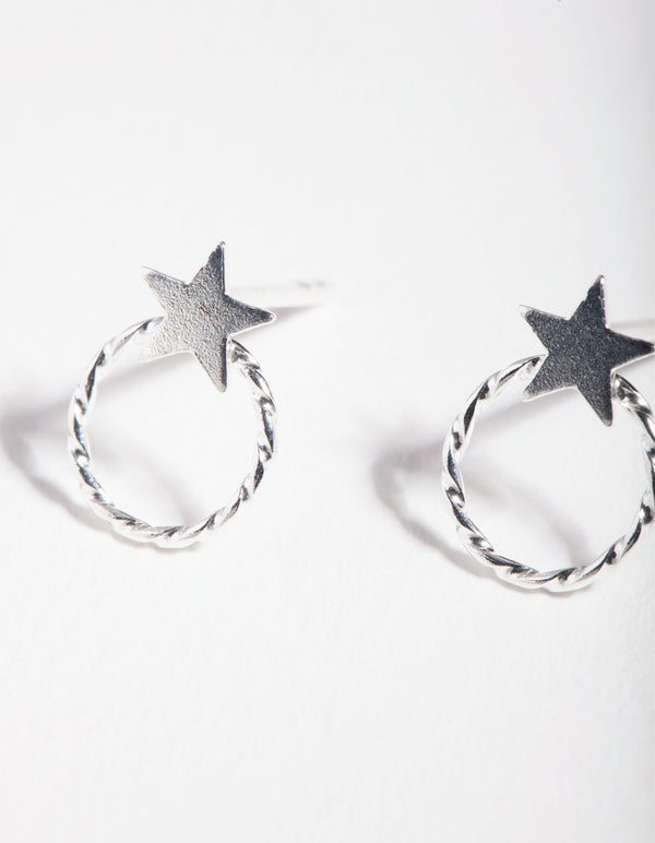 Sterling Silver Open Circle Star Stud Earrings
