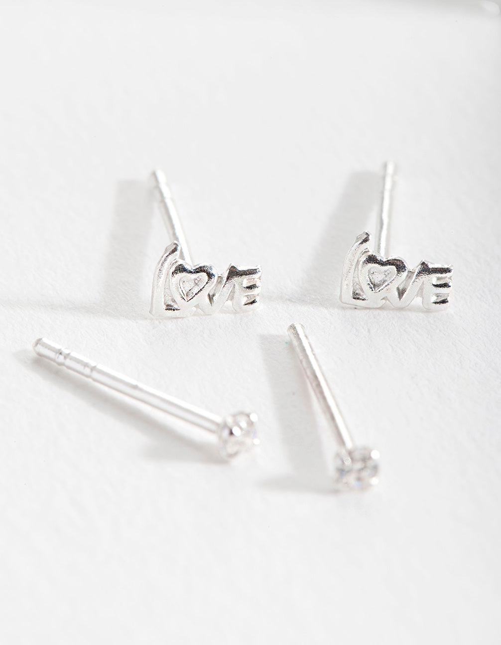 Sterling Silver Cubic Zirconia Love Stud Pack