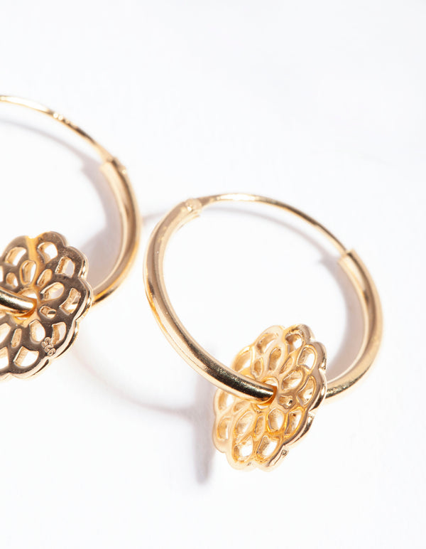 Gold Plated Sterling Silver Filigree Disc Hoop Earrings