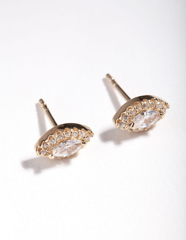 Gold Plated Sterling Silver Marquise Halo Stud Earrings
