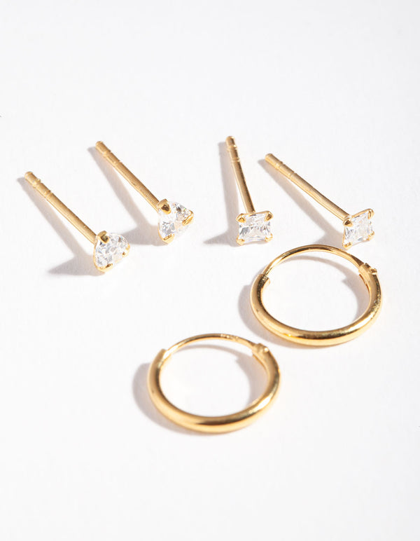 Gold Plated Sterling Silver Cubic Zirconia Stud Hoop Earring Pack
