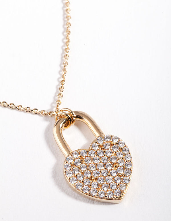 Gold Plated Sterling Silver Pave Love Heart Lock Necklace