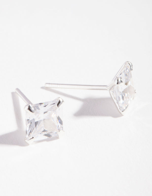 Sterling Silver Cubic Zirconia 4-Claw Square Stud Earrings