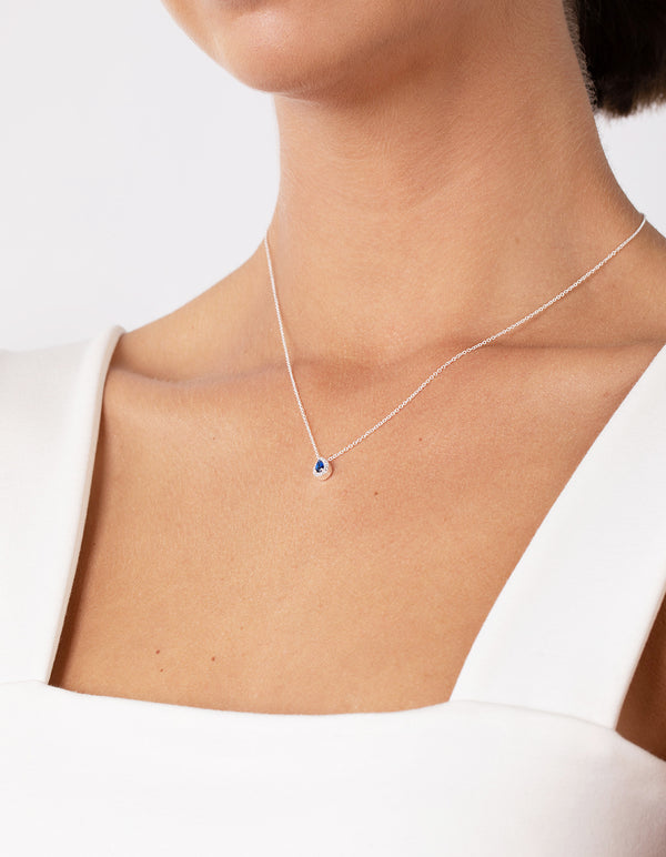Sterling Silver Cubic Zirconia Blue Pear Halo Necklace