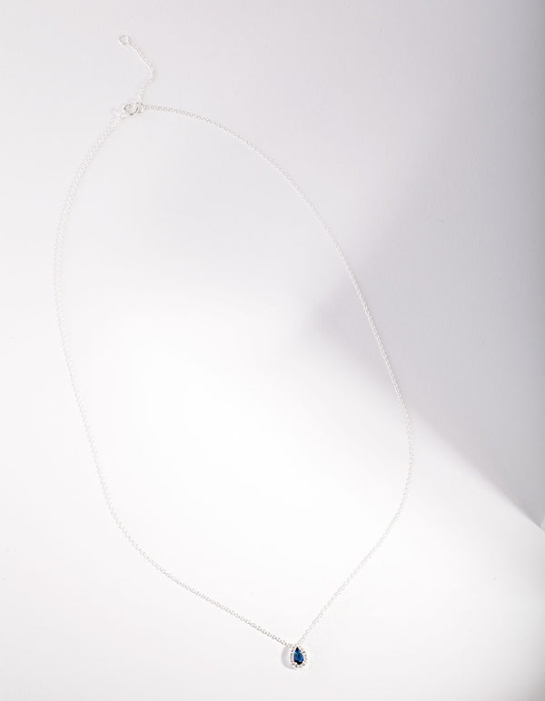 Sterling Silver Cubic Zirconia Blue Pear Halo Necklace