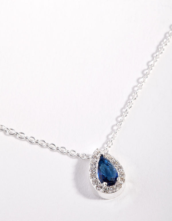 Sterling Silver Cubic Zirconia Blue Pear Halo Necklace