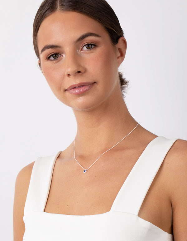 Sterling Silver Cubic Zirconia Blue Pear Halo Necklace