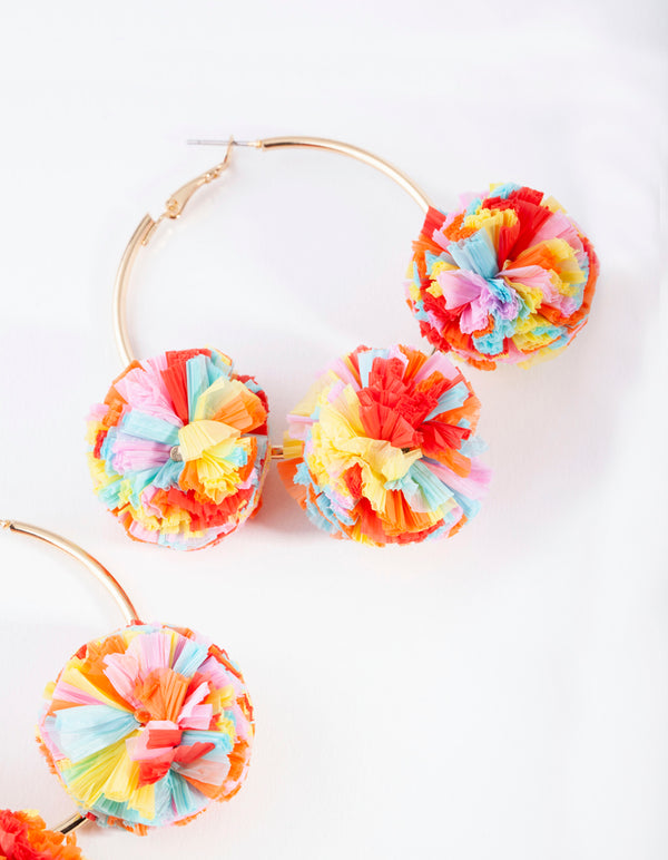 Multicoloured Pom Pom Hoop Earrings