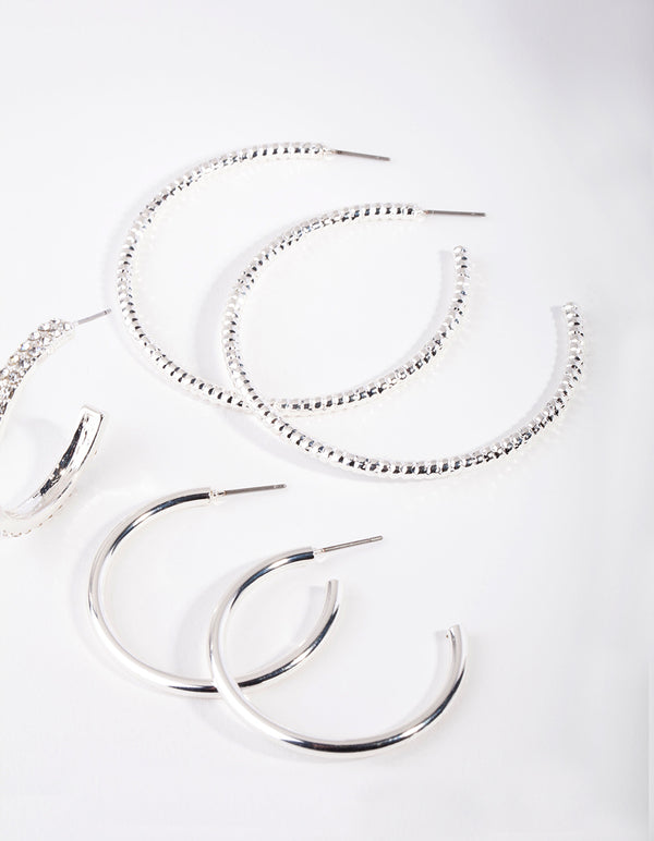 Silver Thick Diamante Hoop Earring Pack
