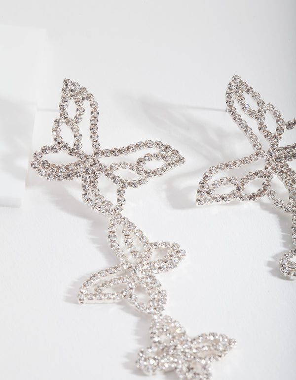 Silver Triple Butterfly Diamante Earrings