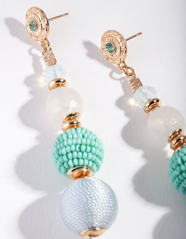 Gold Multi Textured Blue Bead Drop Earrings