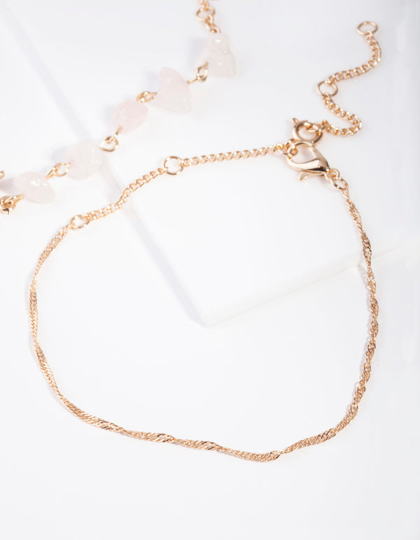 Gold Sun Pink Rose Quartz Stone Anklet