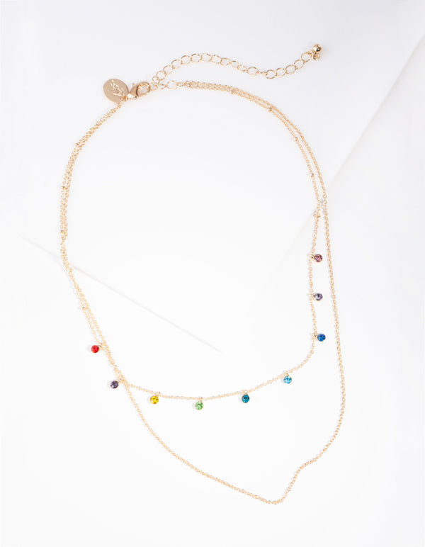 Gold Mini Rainbow Diamante Layered Necklace