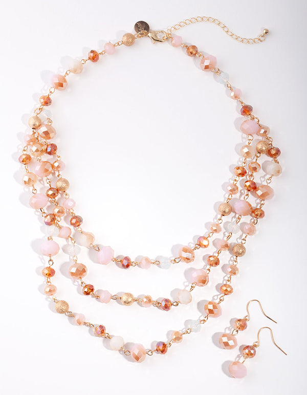 Gold Pink Facet Bead 3 Row Necklace & Earrings Set