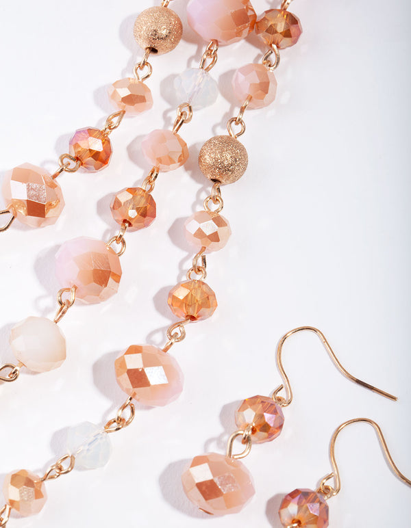 Gold Pink Facet Bead 3 Row Necklace & Earrings Set