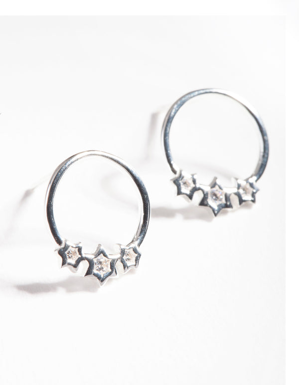 Sterling Silver Diamante Star Circle Stud Earrings