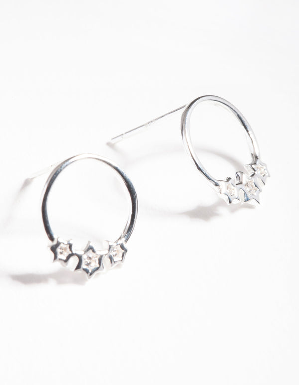 Sterling Silver Diamante Star Circle Stud Earrings