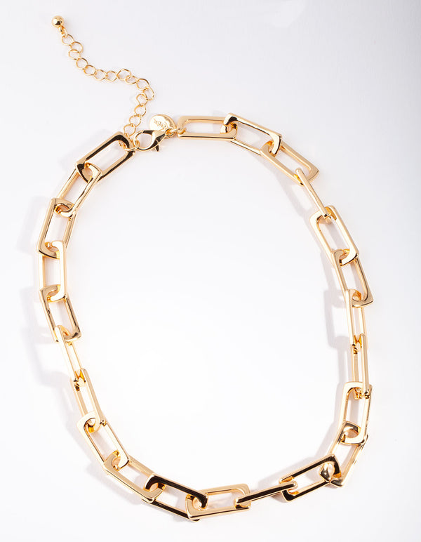 Gold Plated Large Rectangle Link Chain Necklace