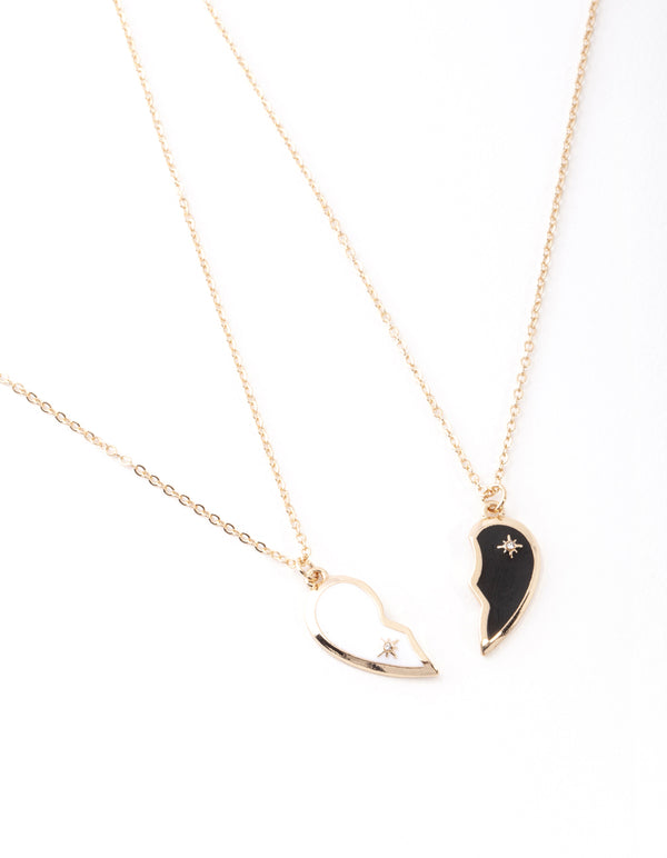 Gold Black & White Half Heart Yin & Yang Necklace Pack