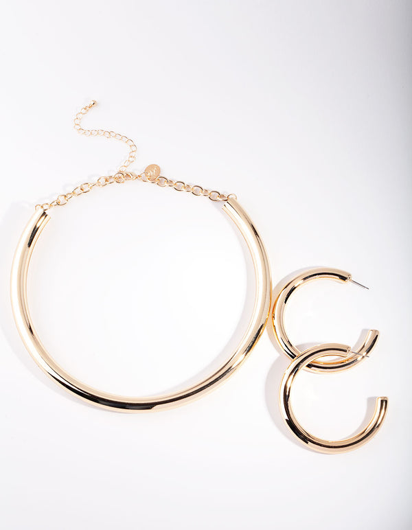 Gold Tube Hoop & Necklace Set