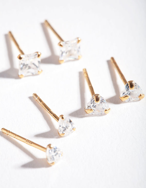 Gold Plated Sterling Silver Mix Cut Cubic Zirconia Stud Earring Pack