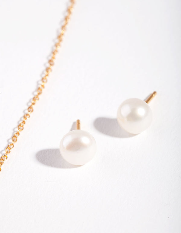 Gold Plated Sterling Silver Freshwater Pearl Necklace & Earrings Set