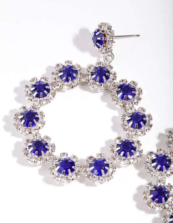 Silver Blue Diamante Flower Circle Drop Earrings
