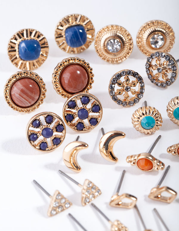 Gold Mix Boho Stone 16-Pack Earring