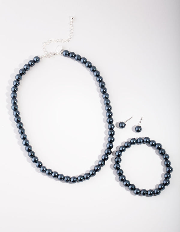 Silver Classic Navy Pearl Earrings, Bracelet & Necklace Set