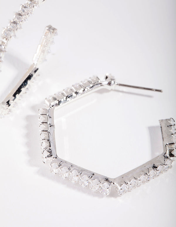 Silver Cubic Zirconia Hexagon Hoop Earrings
