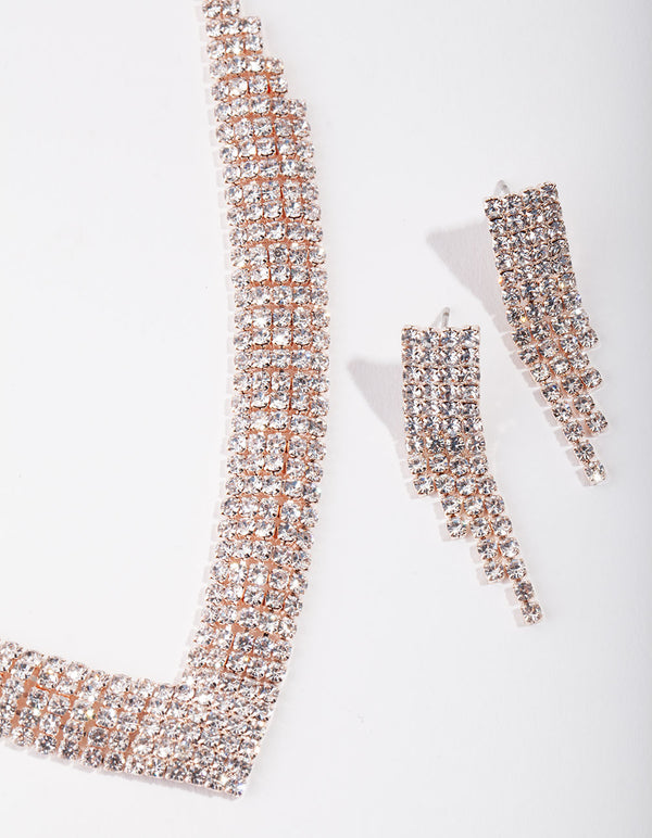 Rose Gold Diamante Necklace & Earring Set