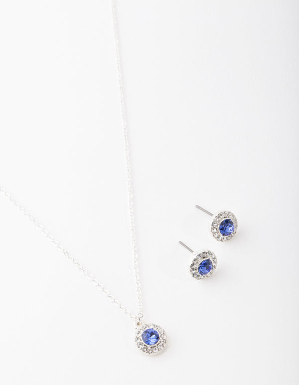 Silver Sapphire Diamante Circle Necklace & Earrings