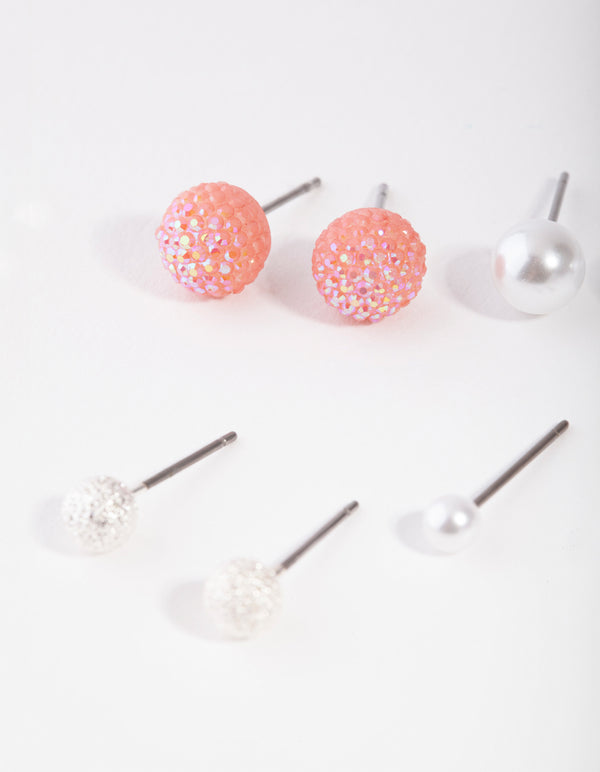 Kids Silver Pink Pearl Stud Earring 6-Pack