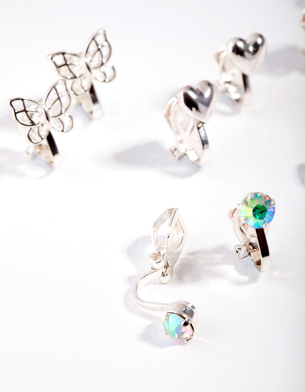 Kids Silver Butterfly Clip On Earring 5-Pack