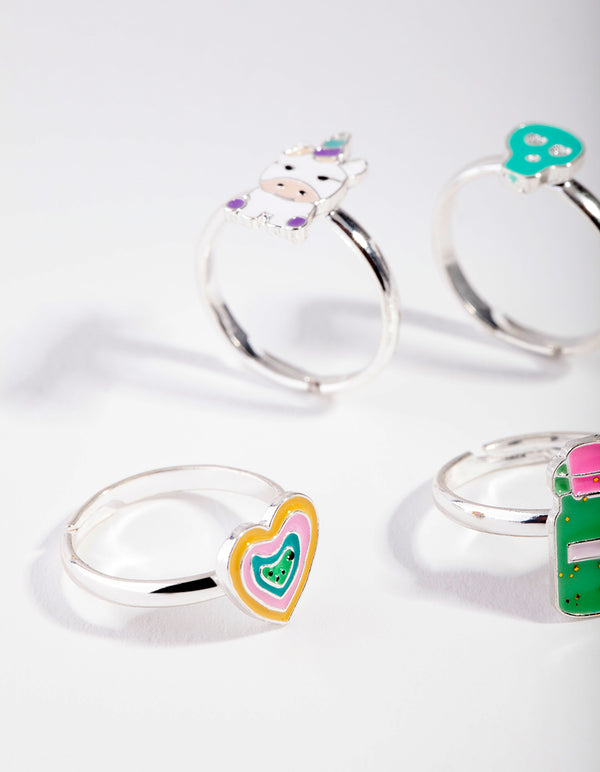 Kids Silver Skull & Cow Rainbow Ring 6-Pack